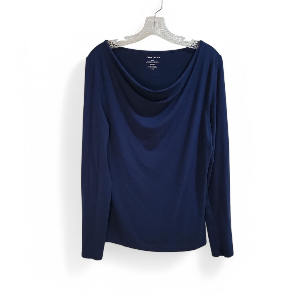 Lord &‎ Taylor Navy Blue Stretchy Cowl Neck Long Sleeve Blouse Top Women's PL